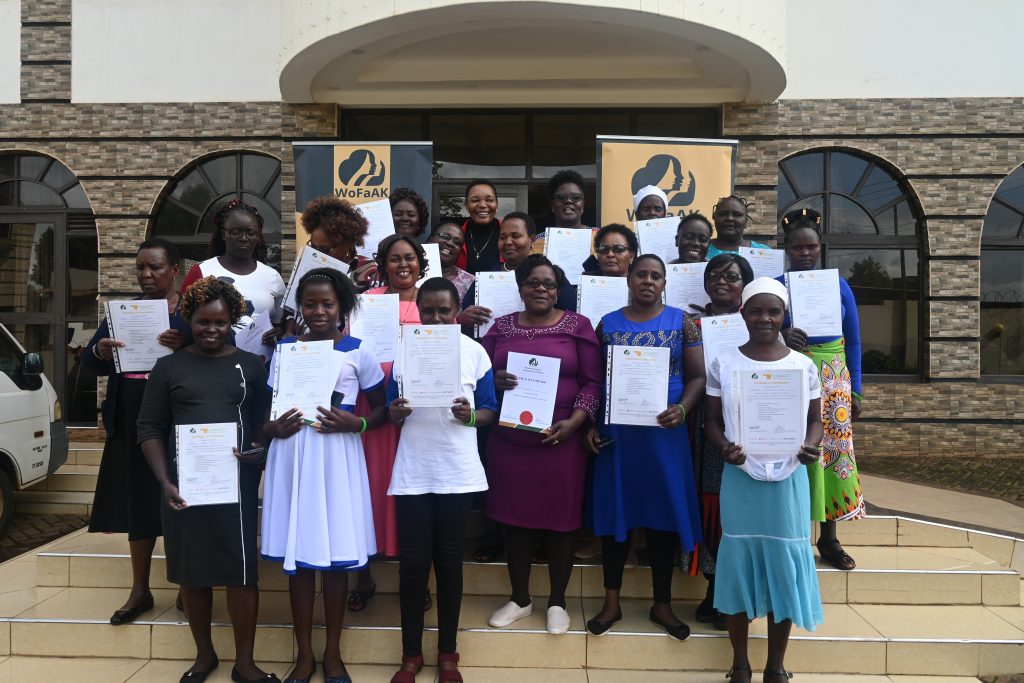 WoFaAK Participants from Tharaka Nithi County awarded certificates after completing Level 3 Leadership and Governance training